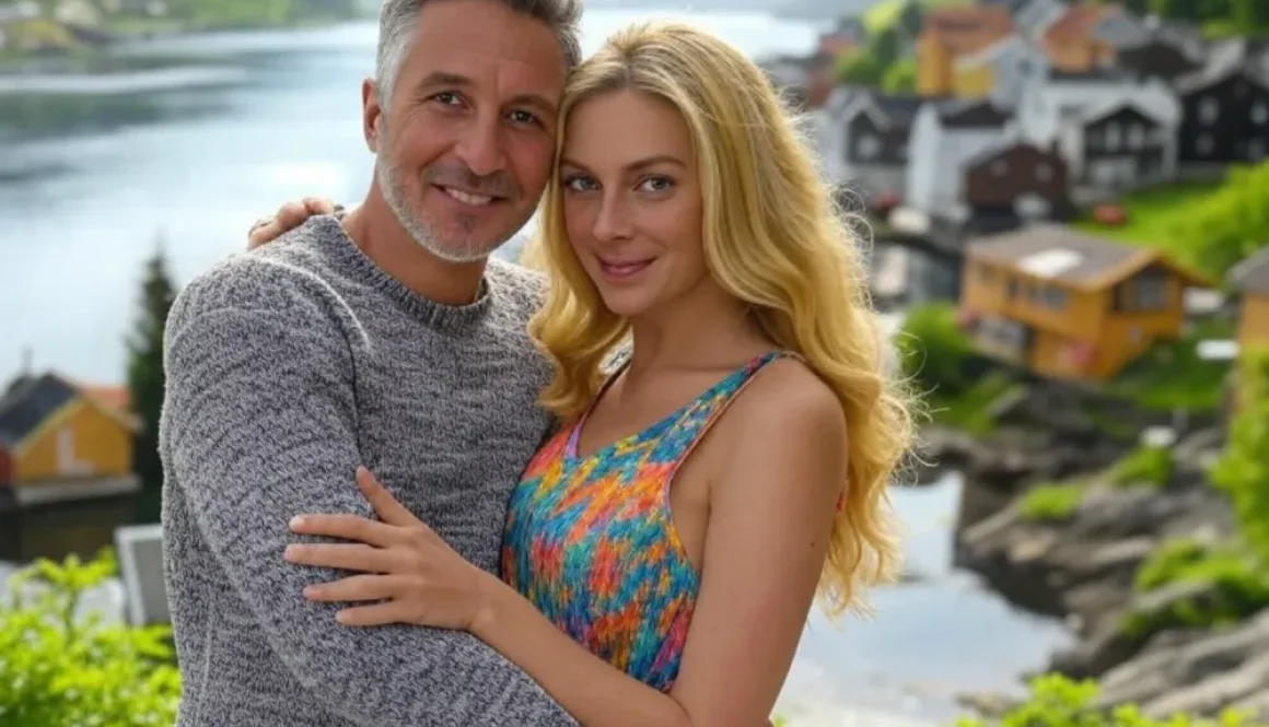 Mann i 50-årene omfavner ung blond kvinne foran norsk fjord
